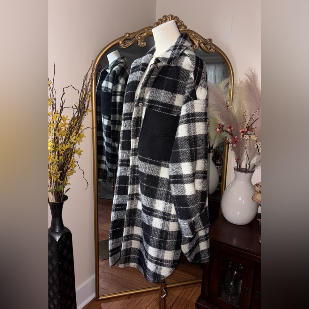 Zara Flannel button up Jacket Classic Plaid Black and white size S - Picture 3 of 13